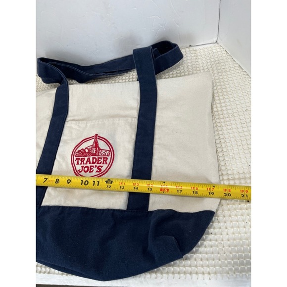 Trader Joe's Canvas Tote Bag Navy Blue Cream Embroidered Logo Reusable - Picture 6 of 9